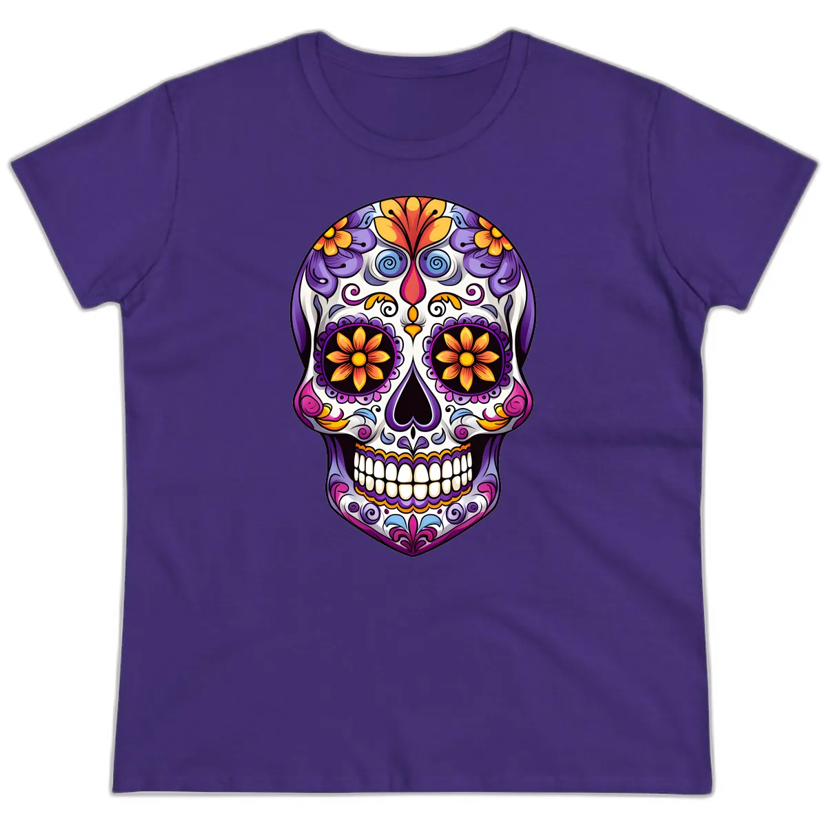 Vibrant Floral Calavera Sugar Skull Art Ladies Tee in Purple