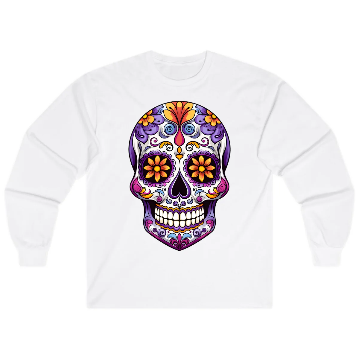 Vibrant Floral Calavera Sugar Skull Art Long Sleeve in White
