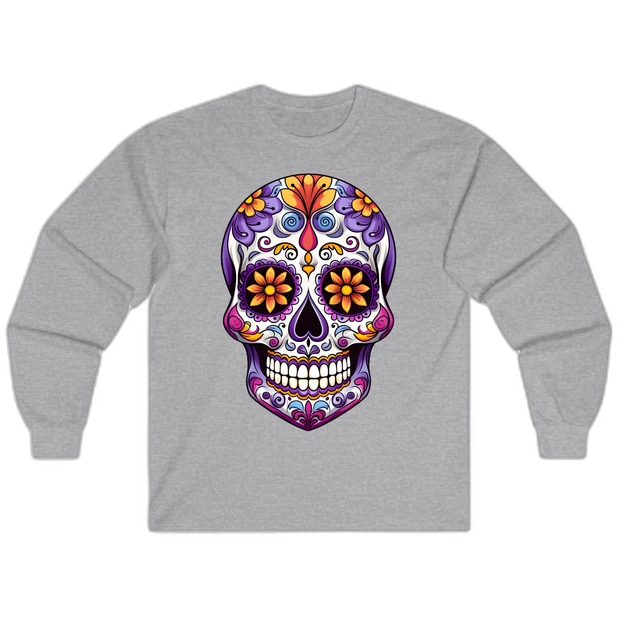 Vibrant Floral Calavera Sugar Skull Art Long Sleeve in Sport Grey