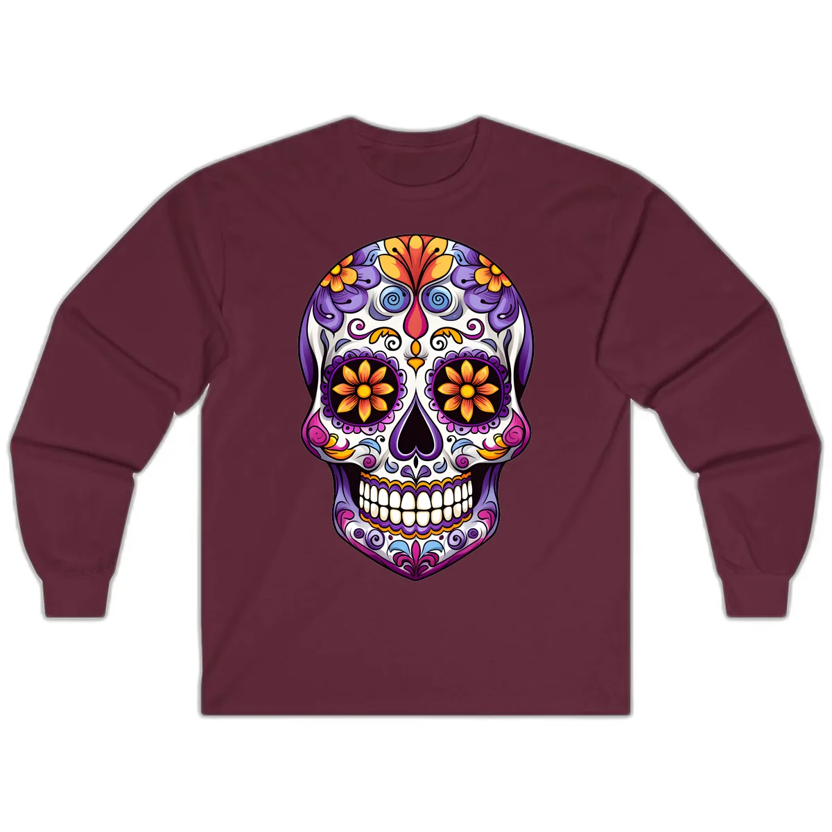 Vibrant Floral Calavera Sugar Skull Art Long Sleeve in Maroon