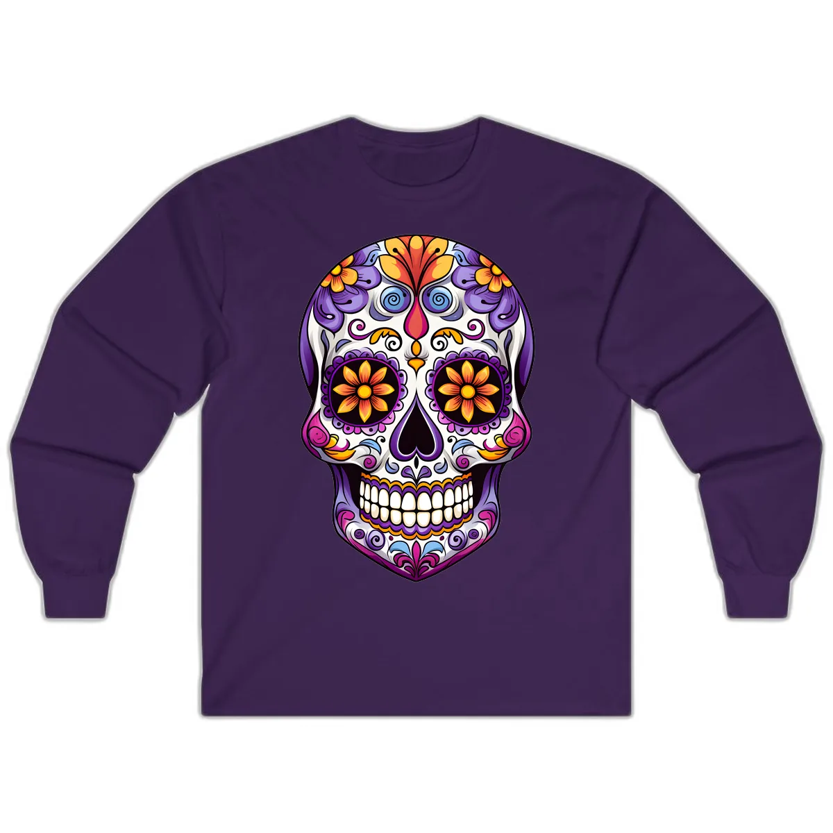 Vibrant Floral Calavera Sugar Skull Art Long Sleeve in Purple
