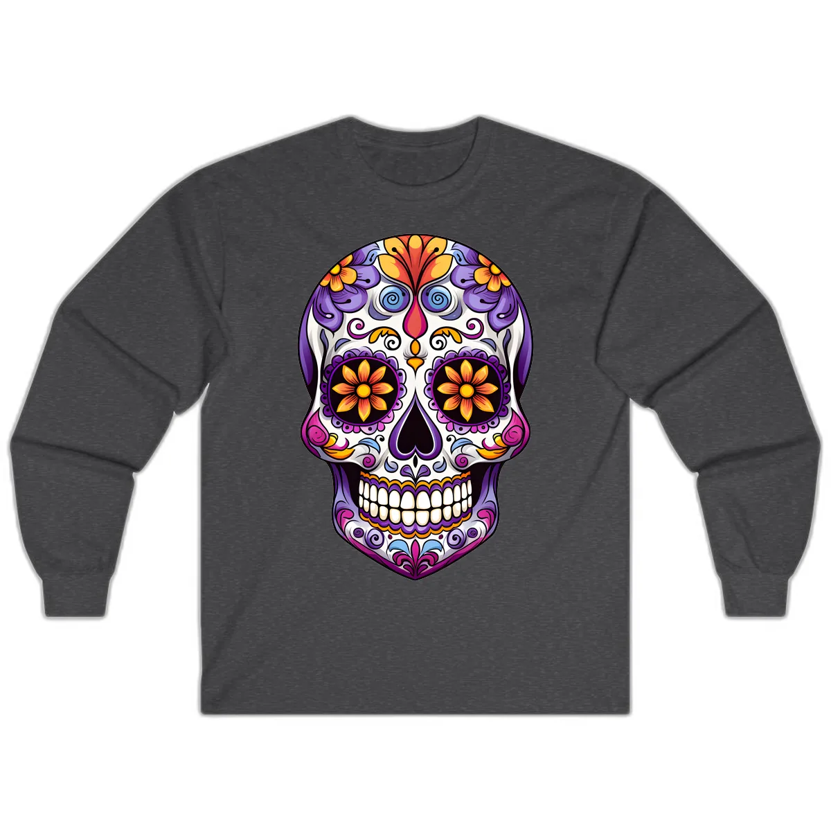 Vibrant Floral Calavera Sugar Skull Art Long Sleeve in Dark Heather