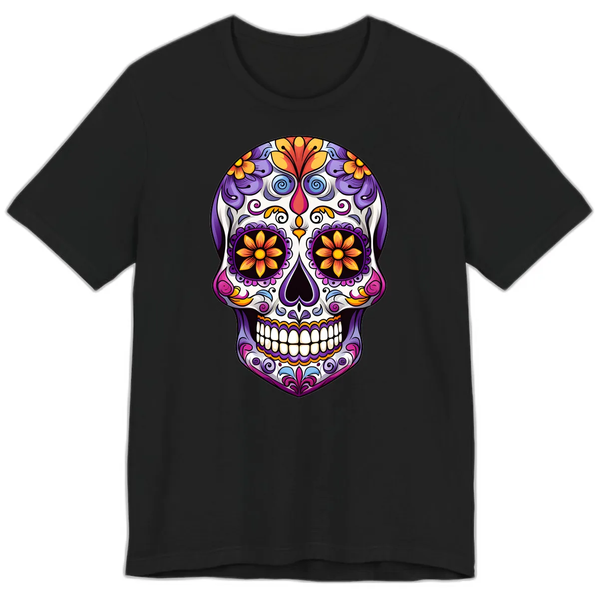 Vibrant Floral Calavera Sugar Skull Art Premium T-Shirt in Black
