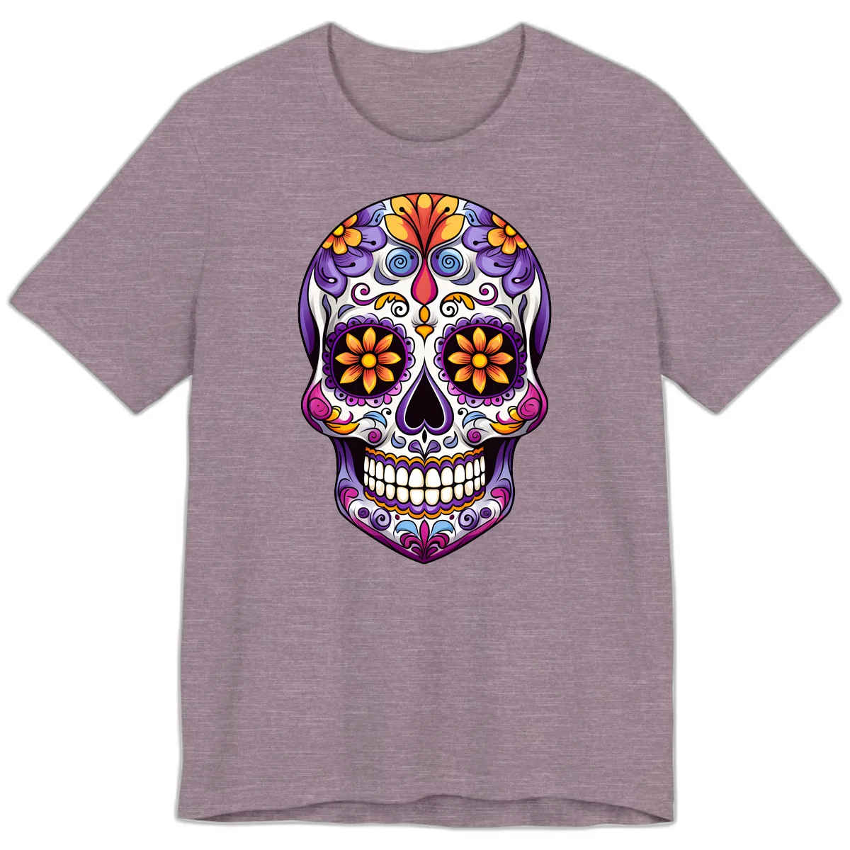 Vibrant Floral Calavera Sugar Skull Art Premium T-Shirt in Heather Purple