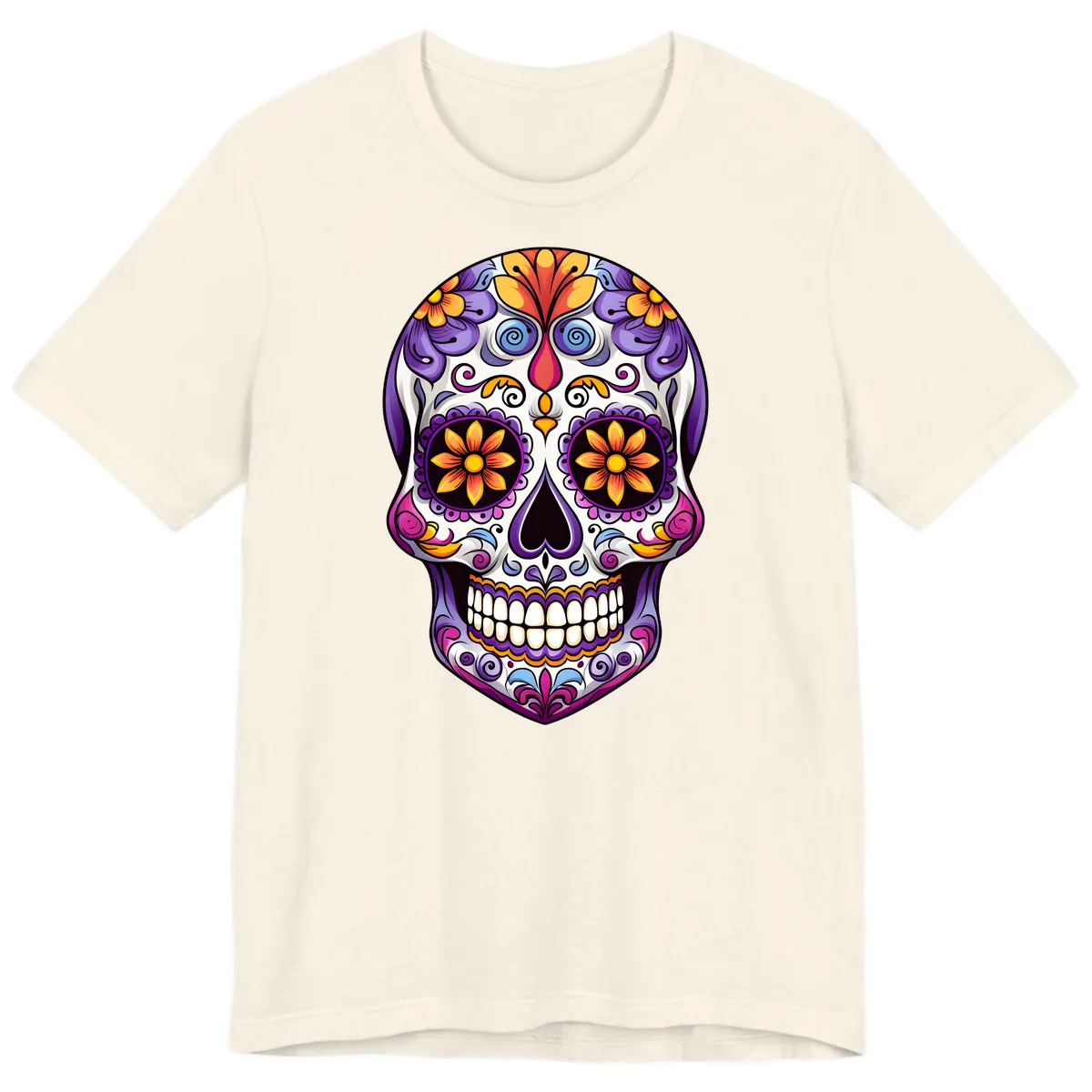 Vibrant Floral Calavera Sugar Skull Art Premium T-Shirt in Natural