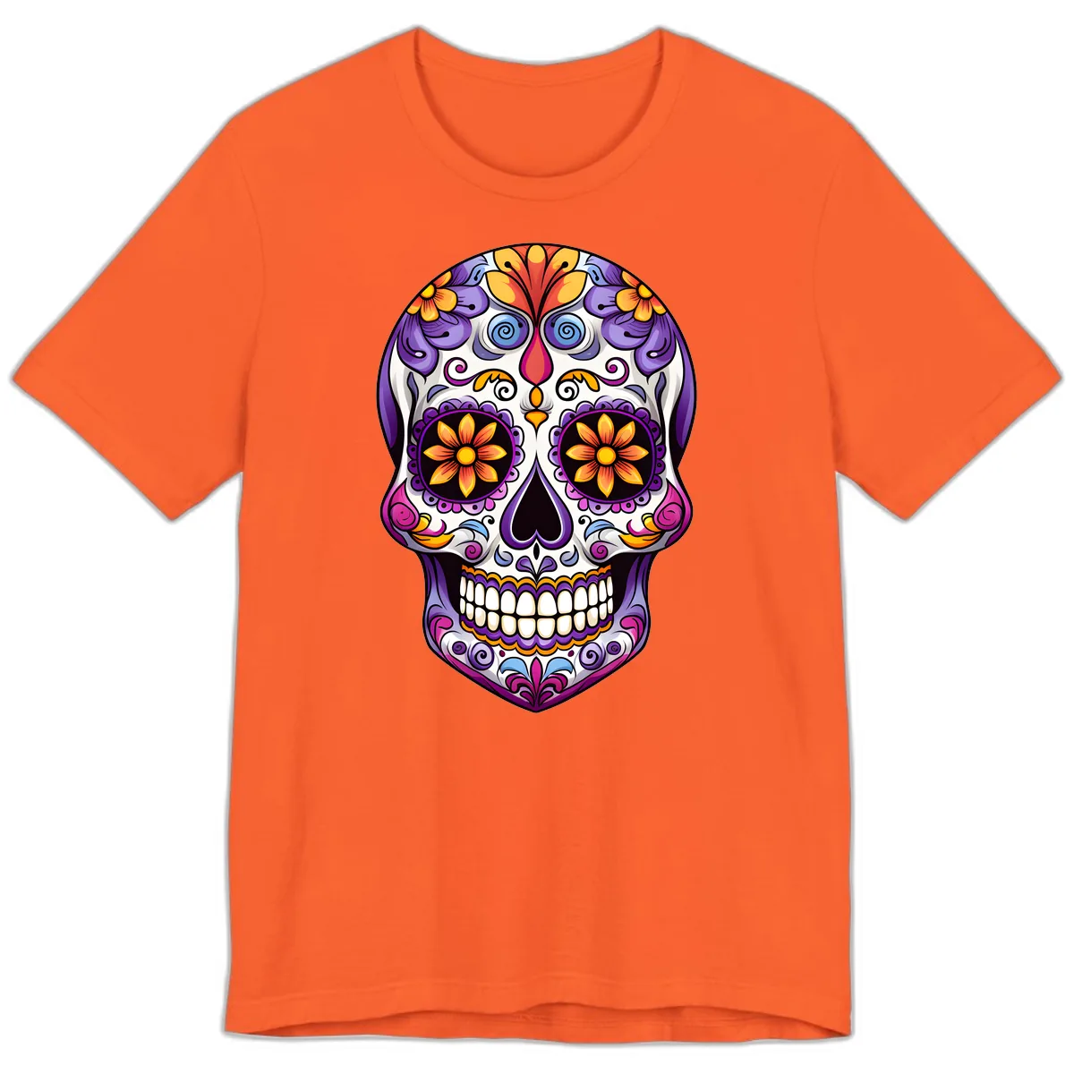 Vibrant Floral Calavera Sugar Skull Art Premium T-Shirt in Orange