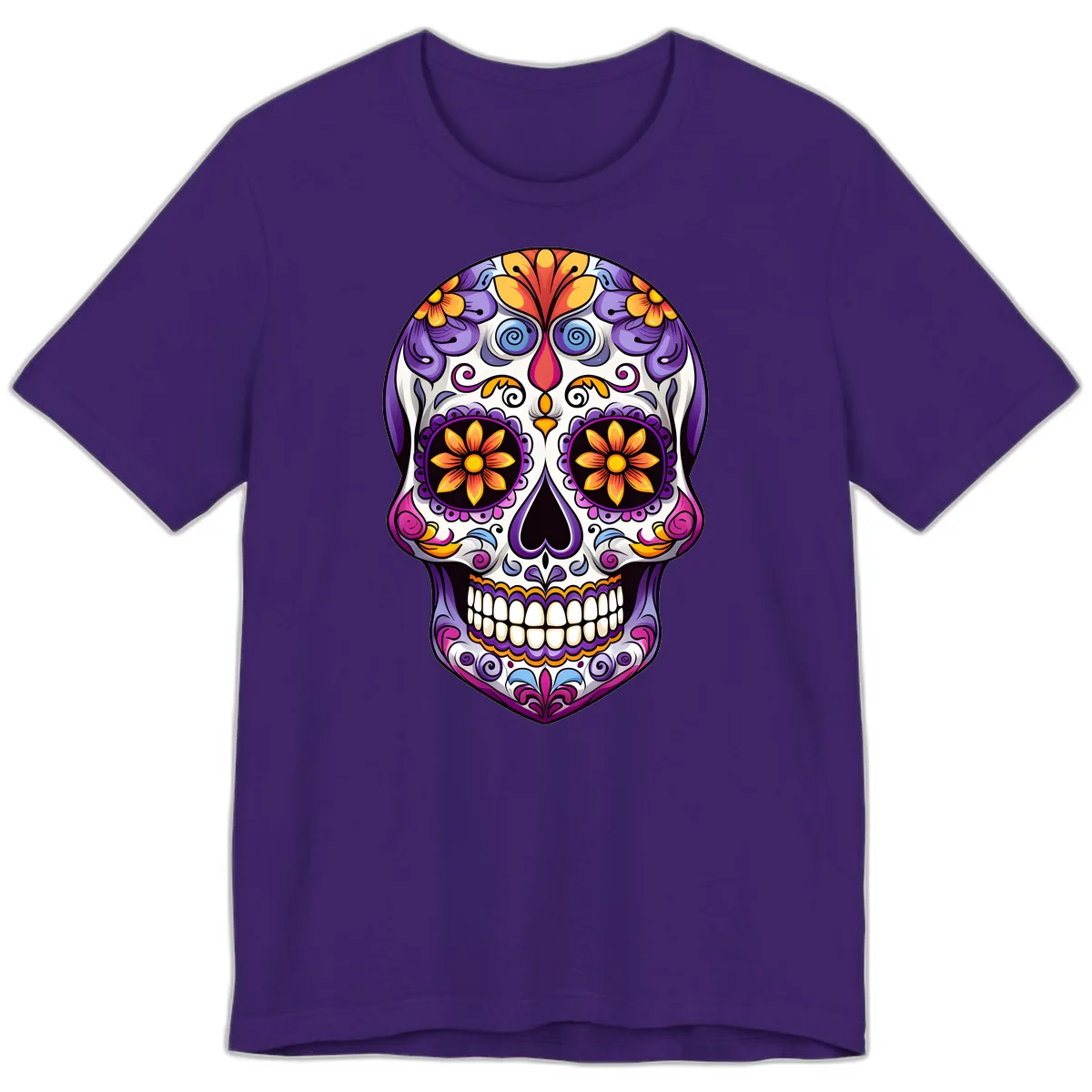 Vibrant Floral Calavera Sugar Skull Art Premium T-Shirt in Team Purple