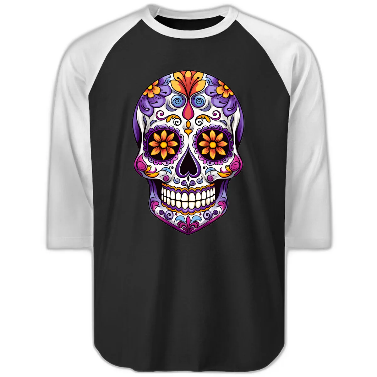 Vibrant Floral Calavera Sugar Skull Art Raglan 3/4 in Black White