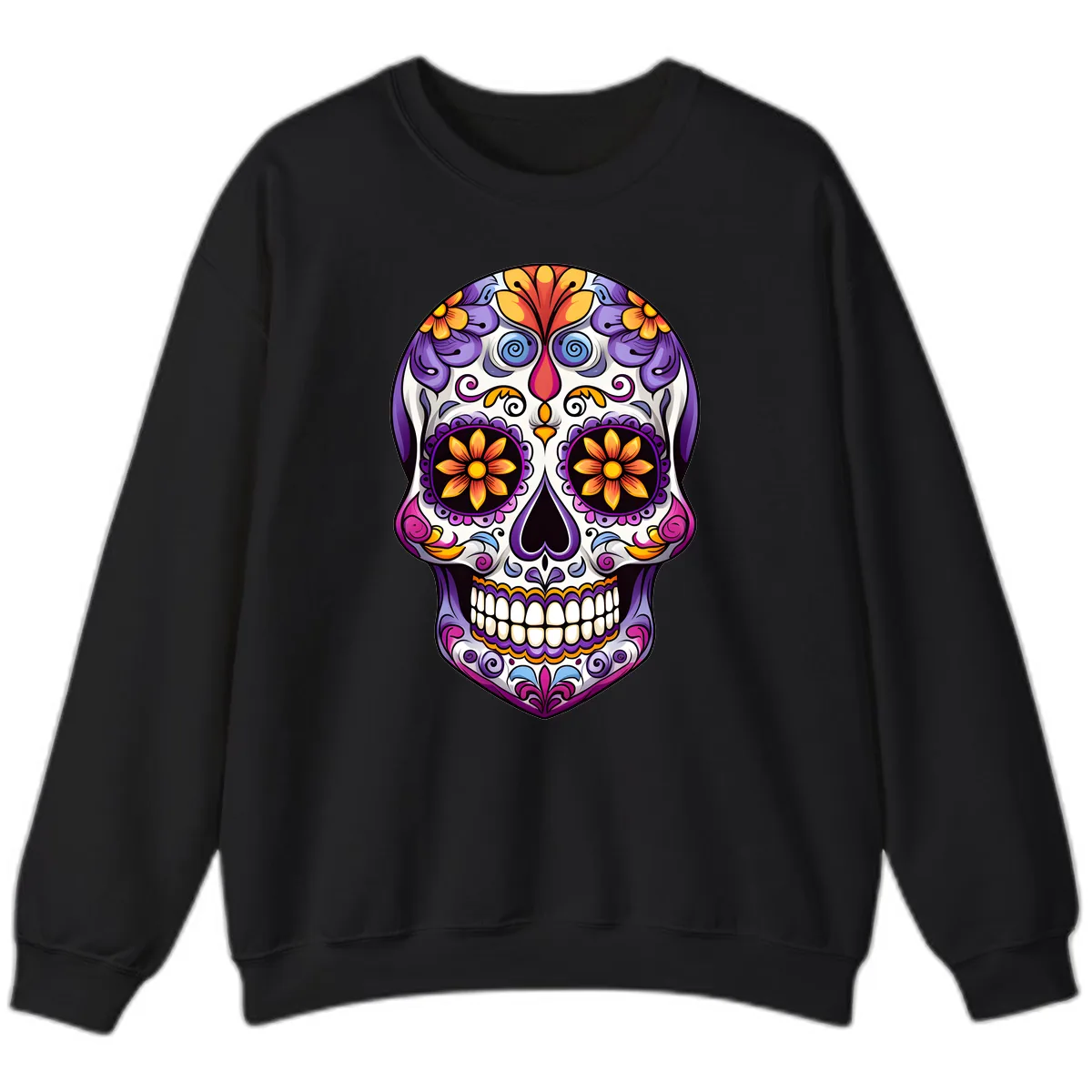 Vibrant Floral Calavera Sugar Skull Art Sweatshirt in Black