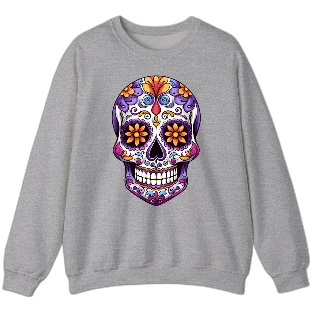 Vibrant Floral Calavera Sugar Skull Art Sweatshirt in Sport Grey