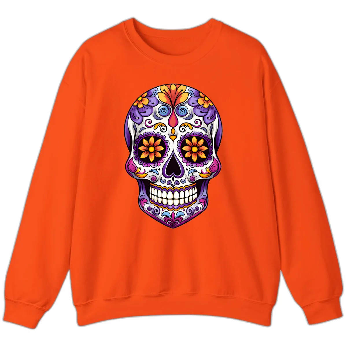 Vibrant Floral Calavera Sugar Skull Art Sweatshirt in Orange
