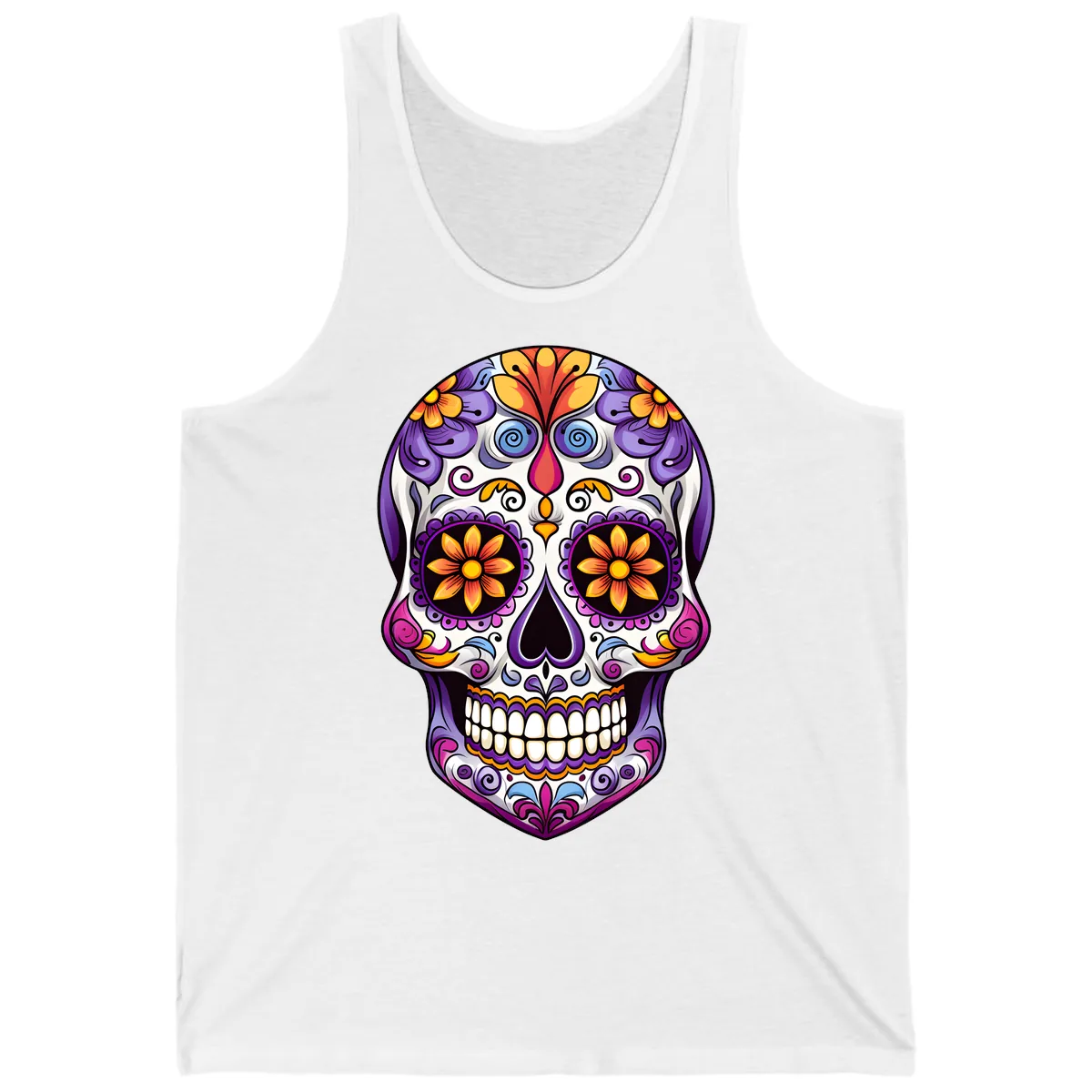Vibrant Floral Calavera Sugar Skull Art Tank in White