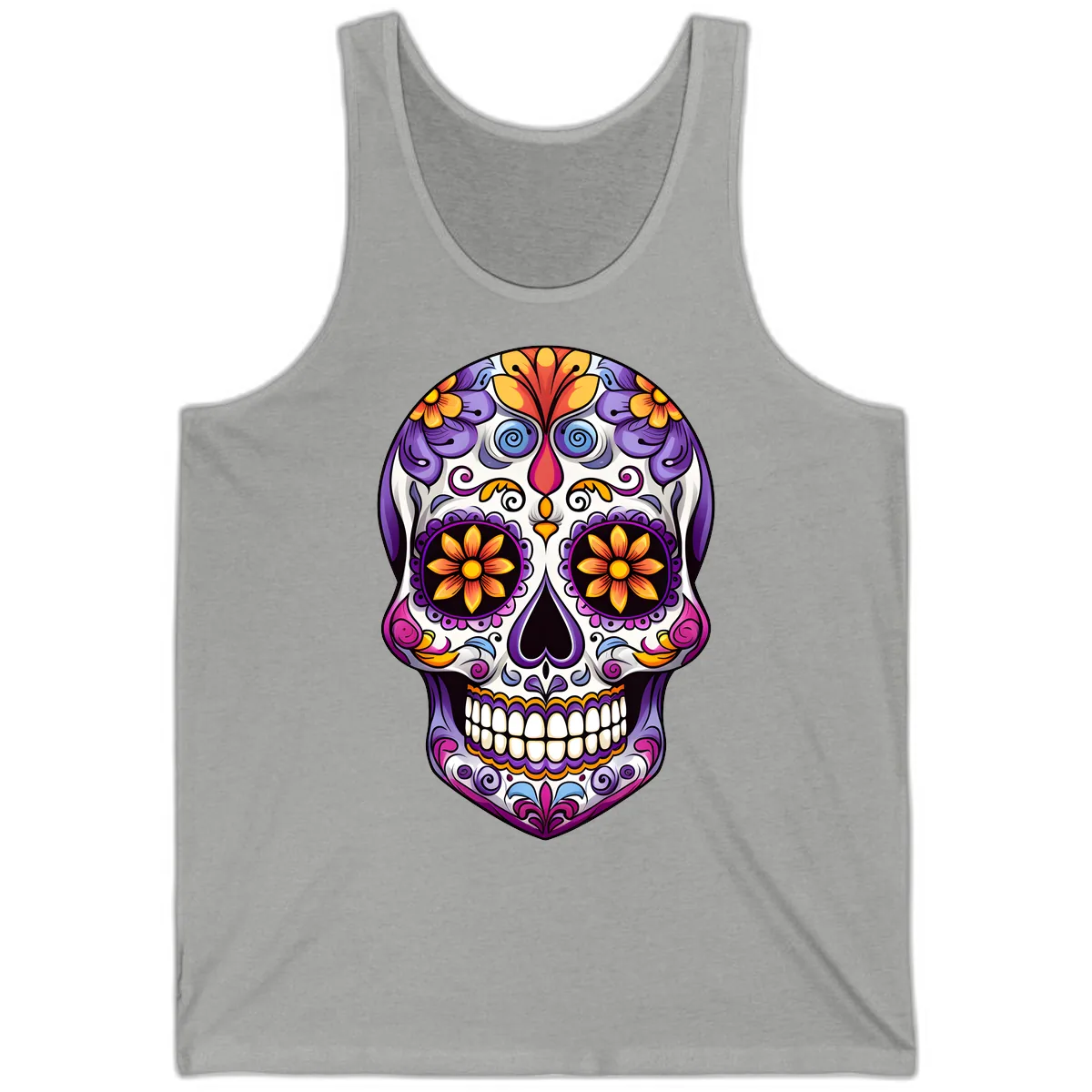 Vibrant Floral Calavera Sugar Skull Art Tank in Athletic Heather
