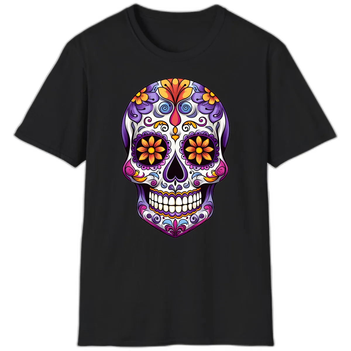Vibrant Floral Calavera Sugar Skull Art T-Shirt in Black