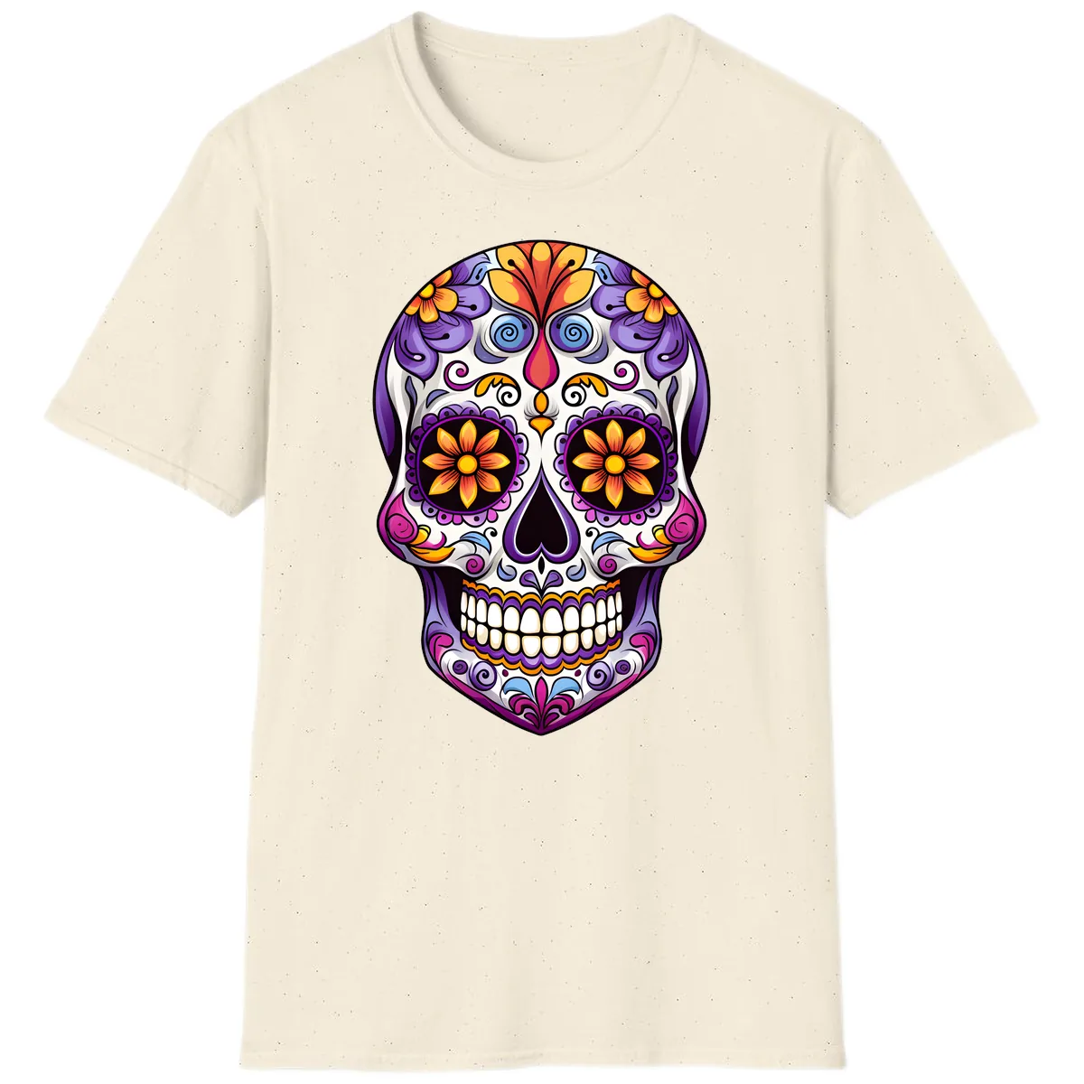 Vibrant Floral Calavera Sugar Skull Art T-Shirt in Natural