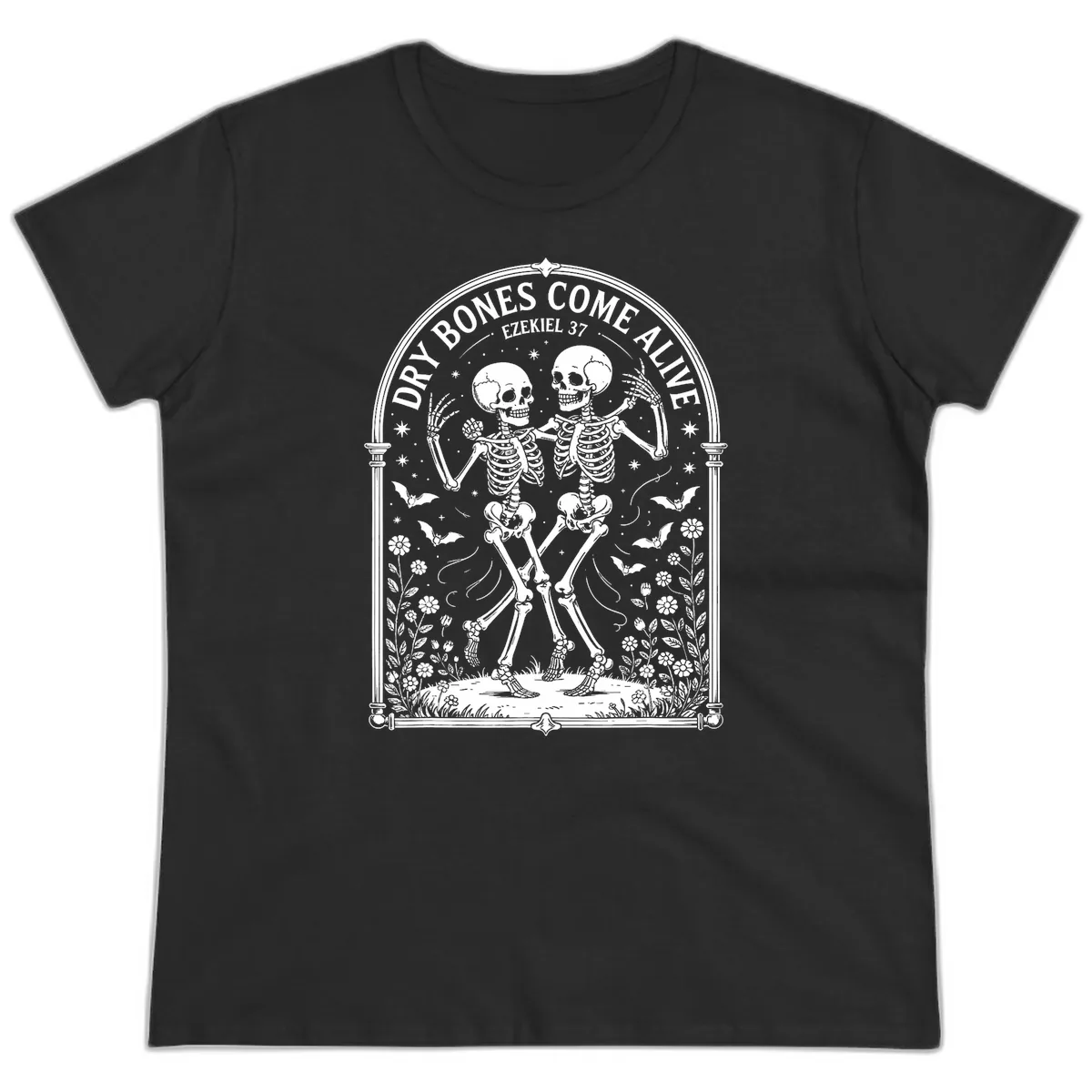Dry Bones Come Alive Skeletons Dancing Ladies Tee in Black