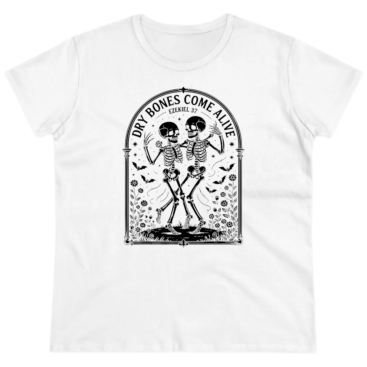 Dry Bones Come Alive Skeletons Dancing Ladies Tee in White