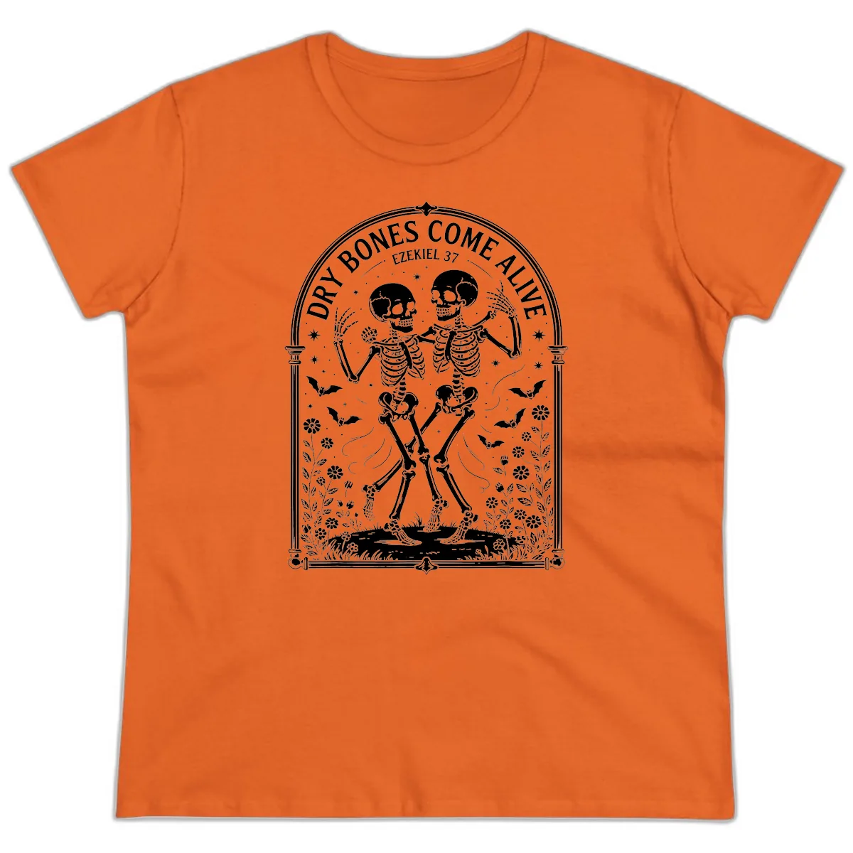 Dry Bones Come Alive Skeletons Dancing Ladies Tee in Orange