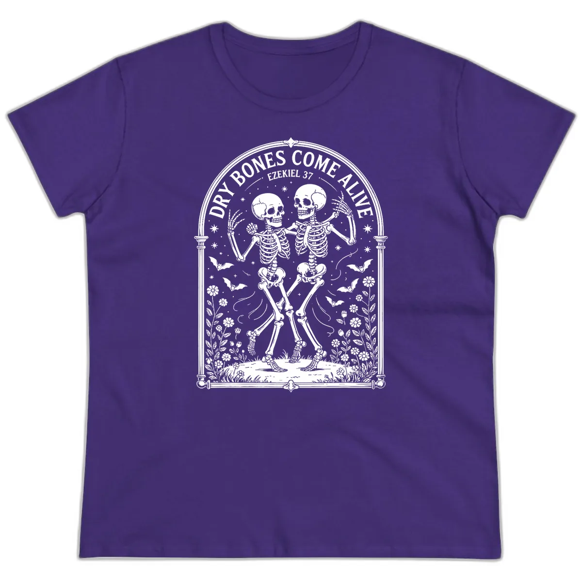 Dry Bones Come Alive Skeletons Dancing Ladies Tee in Purple