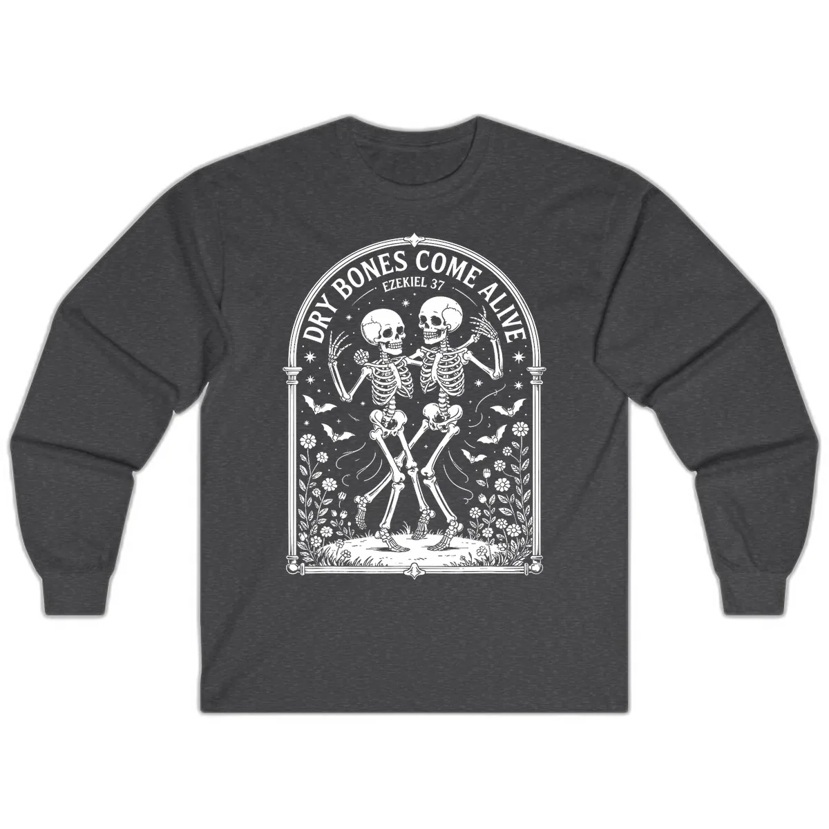 Dry Bones Come Alive Skeletons Dancing Long Sleeve in Dark Heather