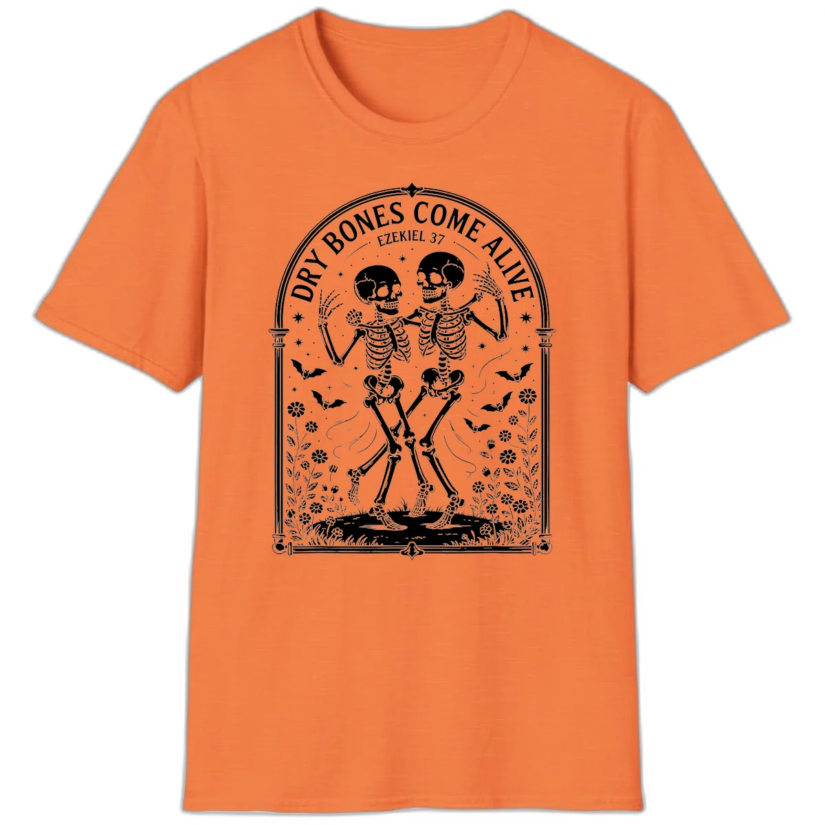 Dry Bones Come Alive Skeletons Dancing T-Shirt in Heather Orange