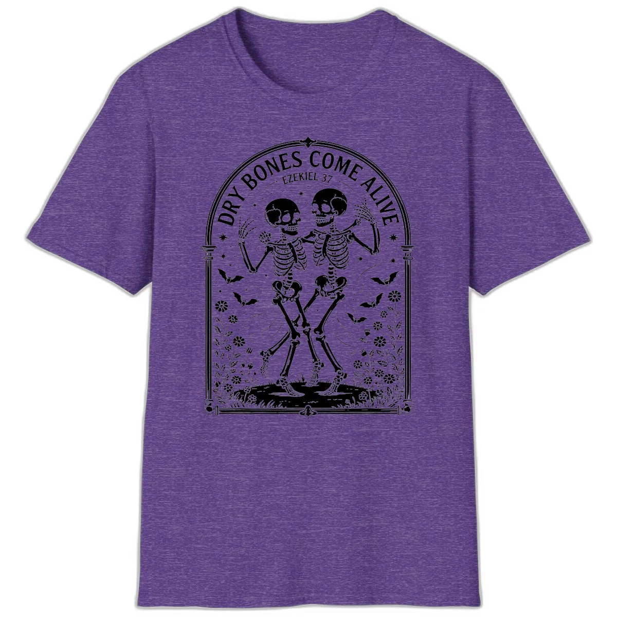 Dry Bones Come Alive Skeletons Dancing T-Shirt in Heather Purple