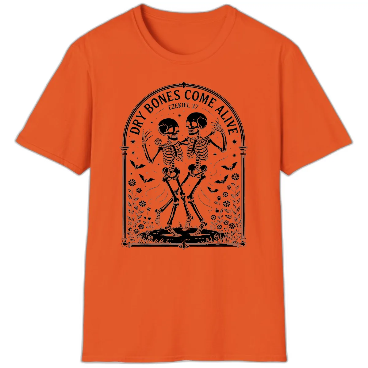 Dry Bones Come Alive Skeletons Dancing T-Shirt in Orange