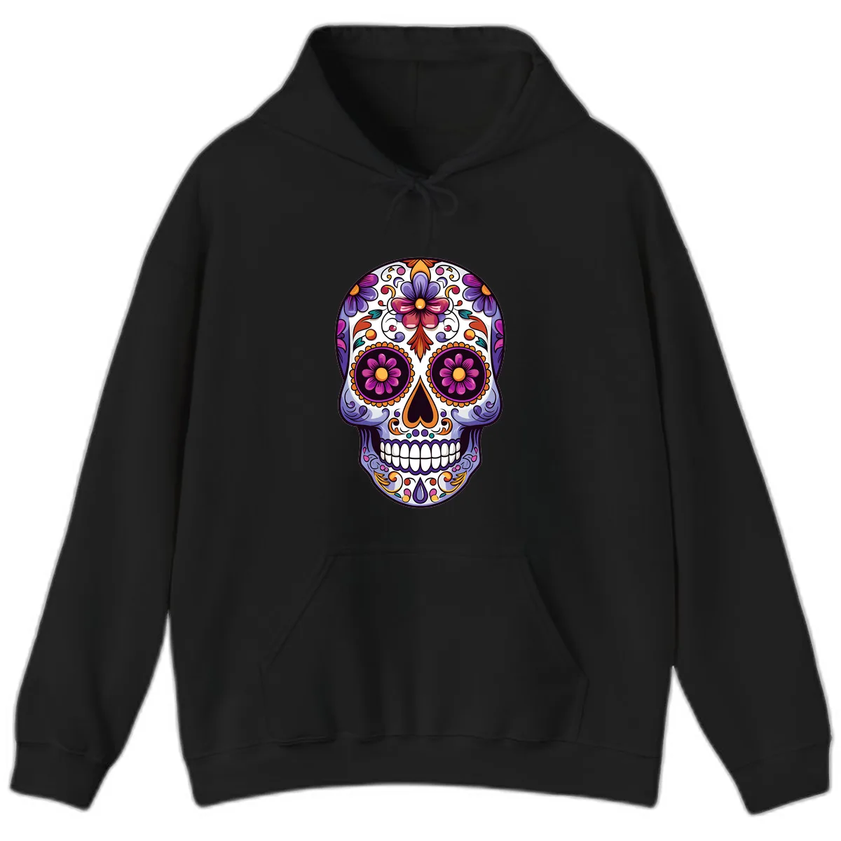 Vibrant Floral Calavera Day of the Dead Design Hoodie in Black