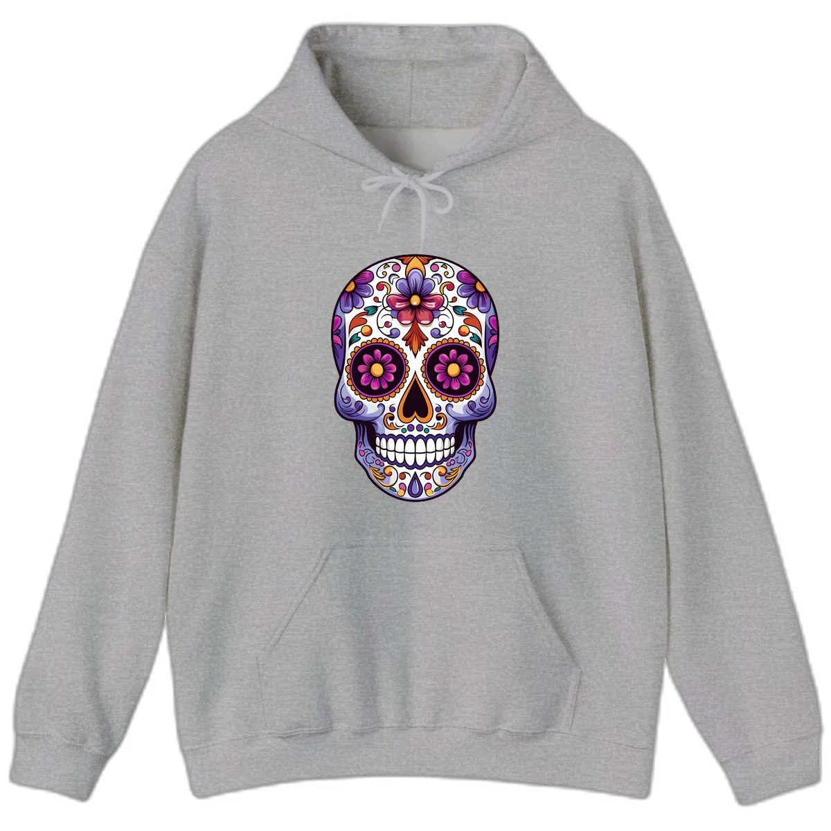Vibrant Floral Calavera Day of the Dead Design Hoodie in Sport Grey