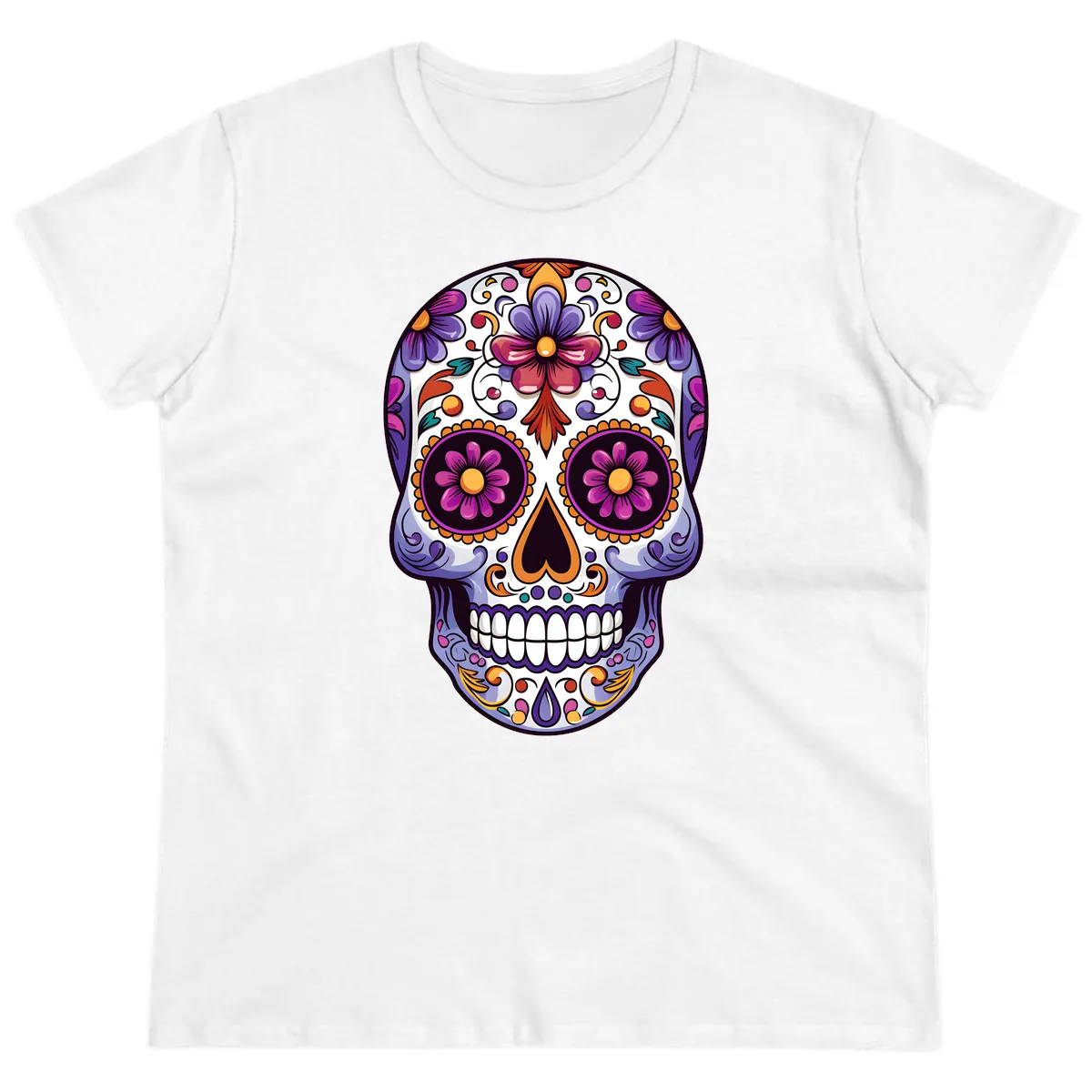 Vibrant Floral Calavera Day of the Dead Design Ladies Tee in White