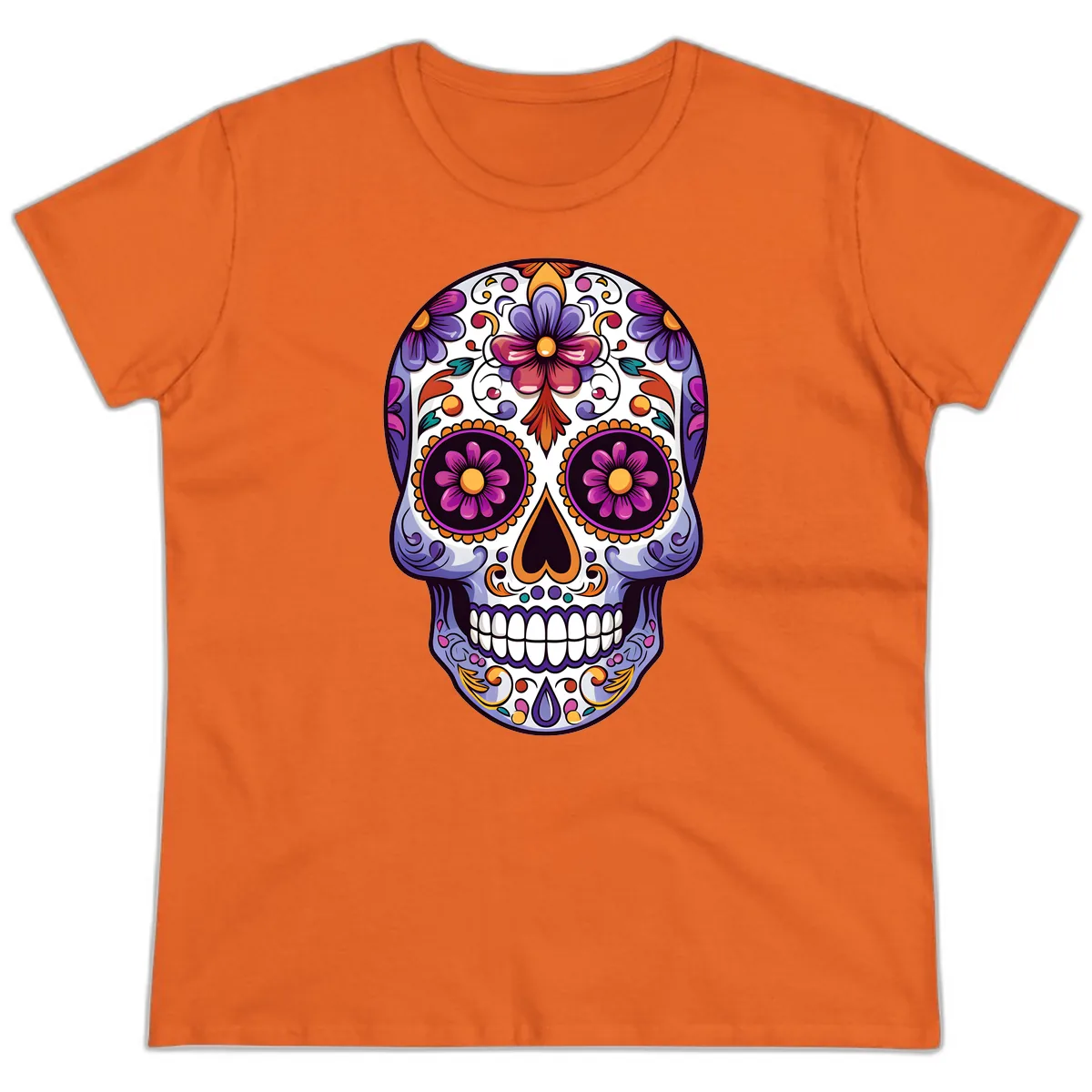 Vibrant Floral Calavera Day of the Dead Design Ladies Tee in Orange