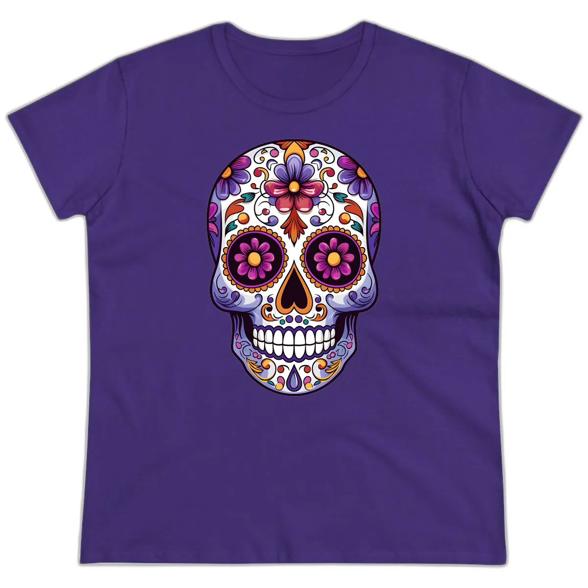Vibrant Floral Calavera Day of the Dead Design Ladies Tee in Purple