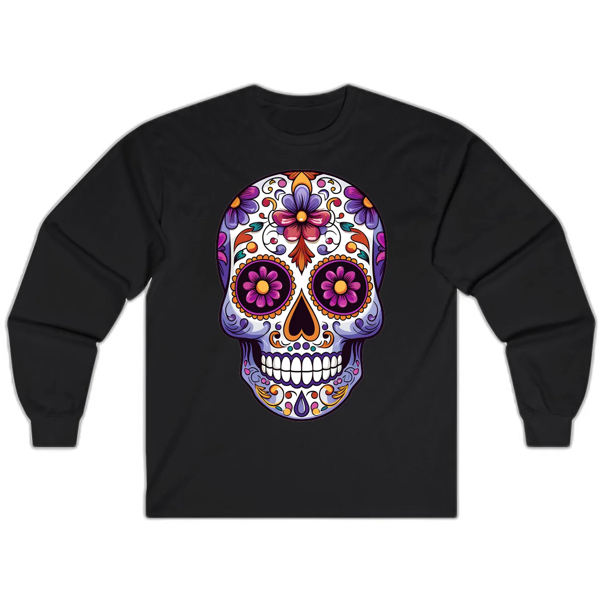 Vibrant Floral Calavera Day of the Dead Design Long Sleeve in Black