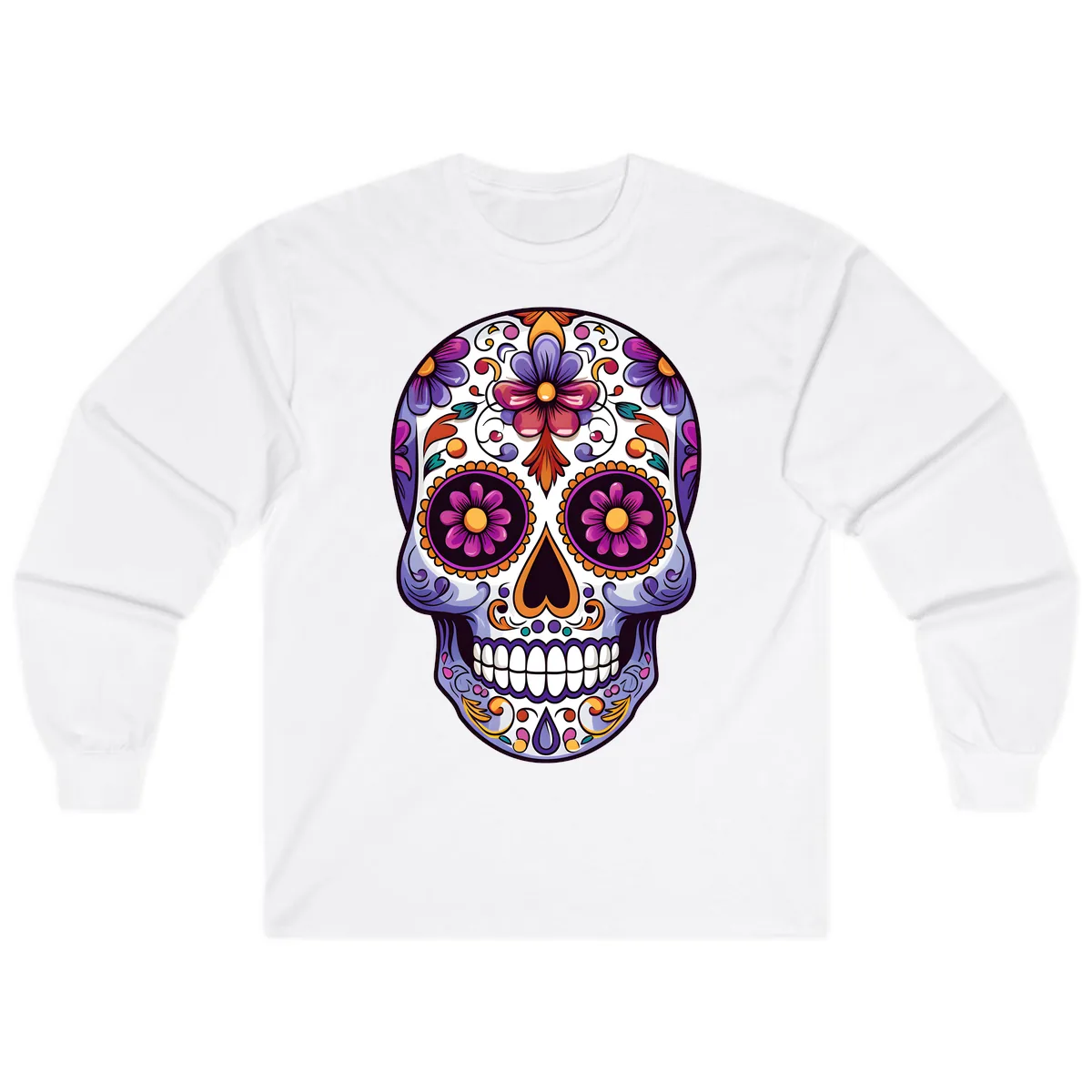 Vibrant Floral Calavera Day of the Dead Design Long Sleeve in White