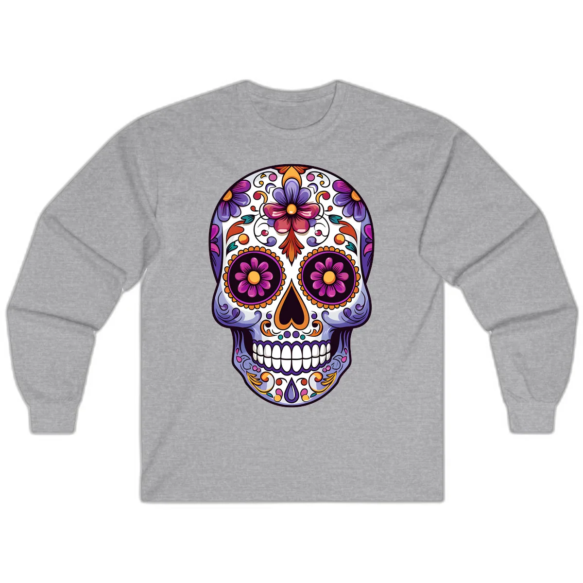 Vibrant Floral Calavera Day of the Dead Design Long Sleeve in Sport Grey