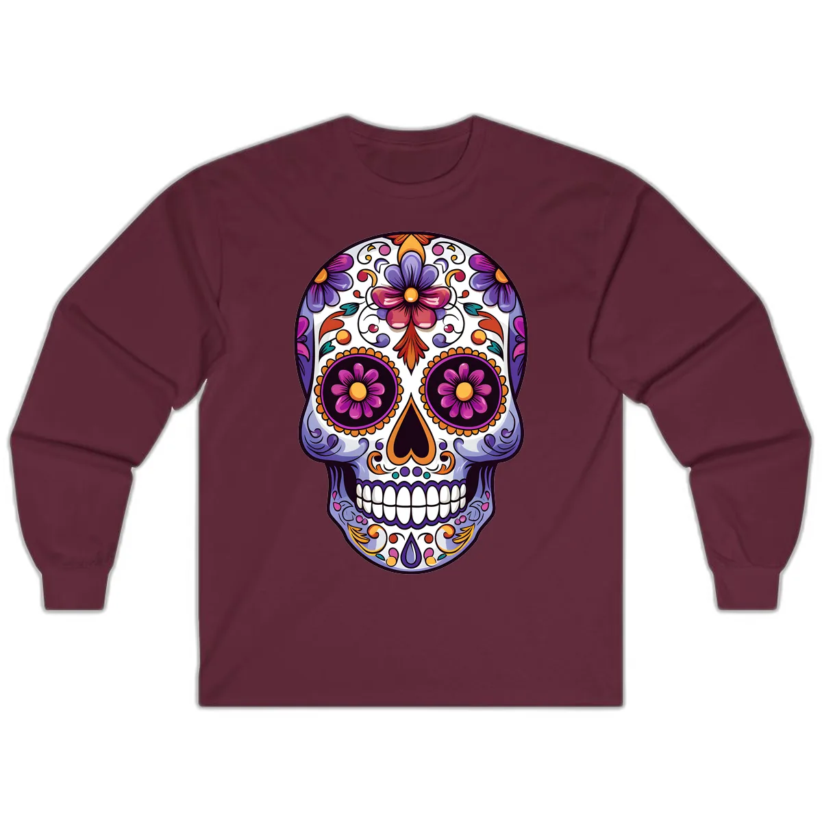 Vibrant Floral Calavera Day of the Dead Design Long Sleeve in Maroon