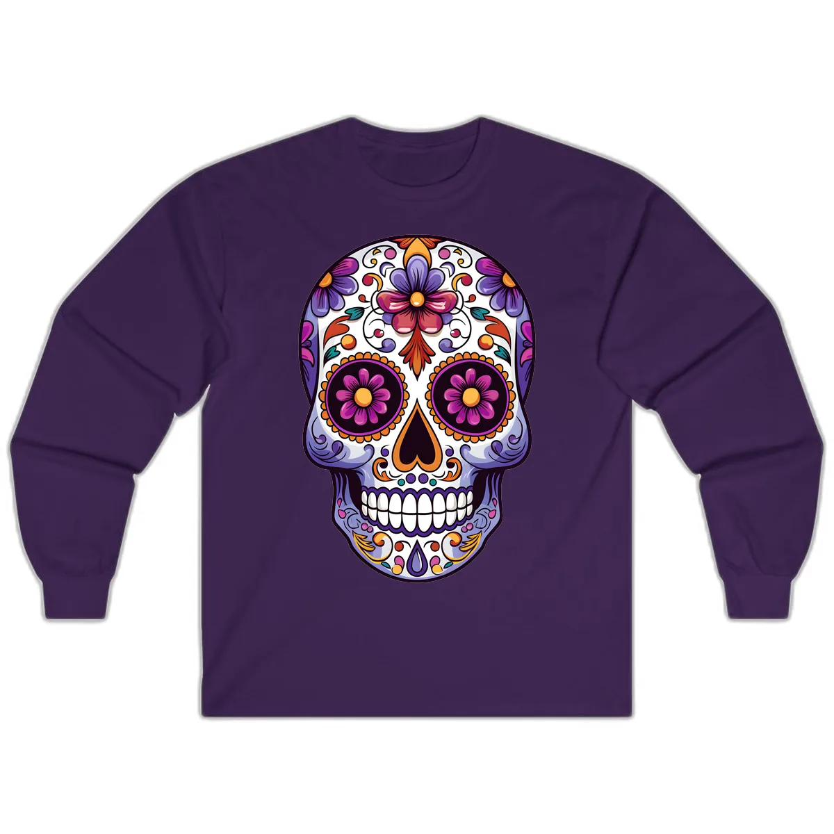 Vibrant Floral Calavera Day of the Dead Design Long Sleeve in Purple