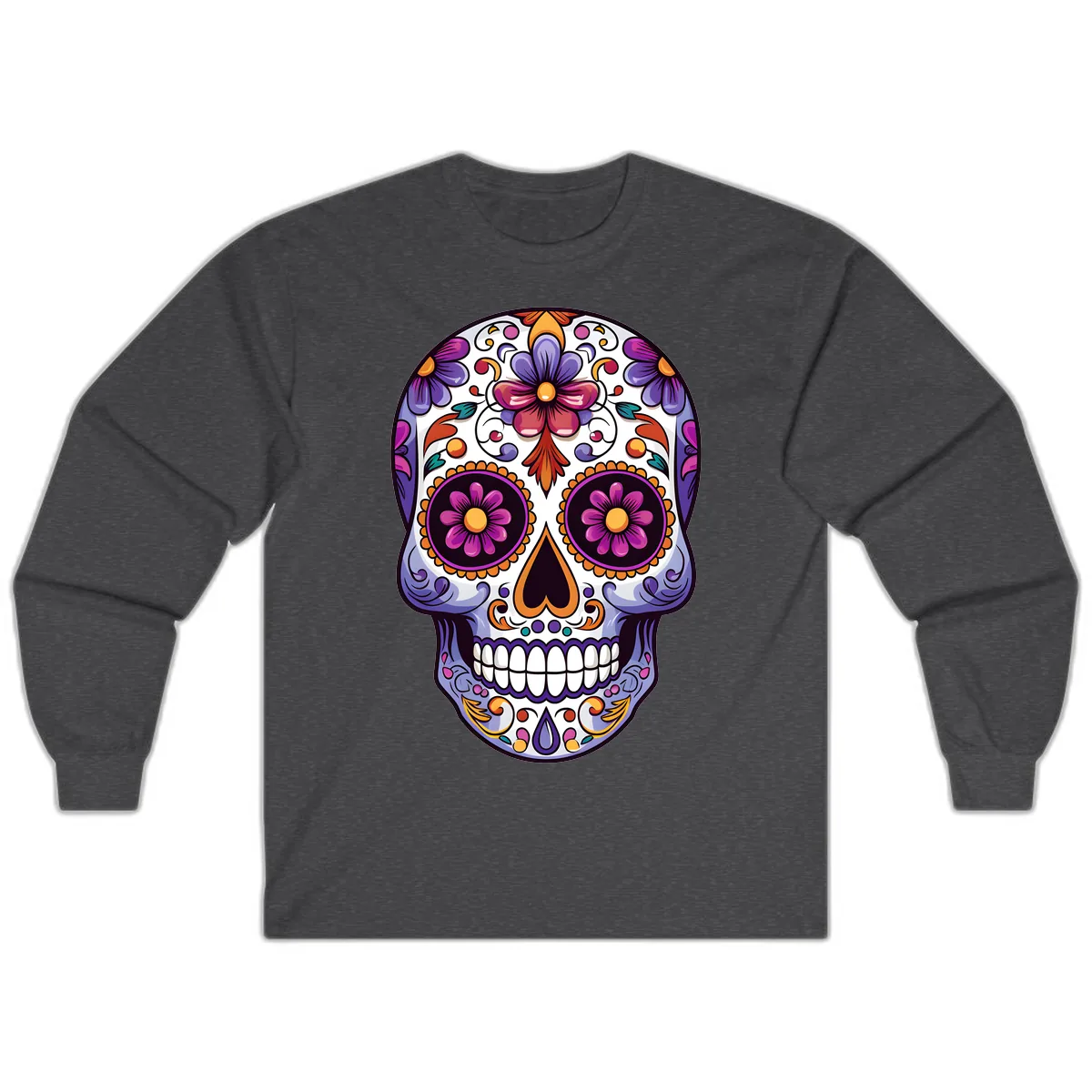 Vibrant Floral Calavera Day of the Dead Design Long Sleeve in Dark Heather