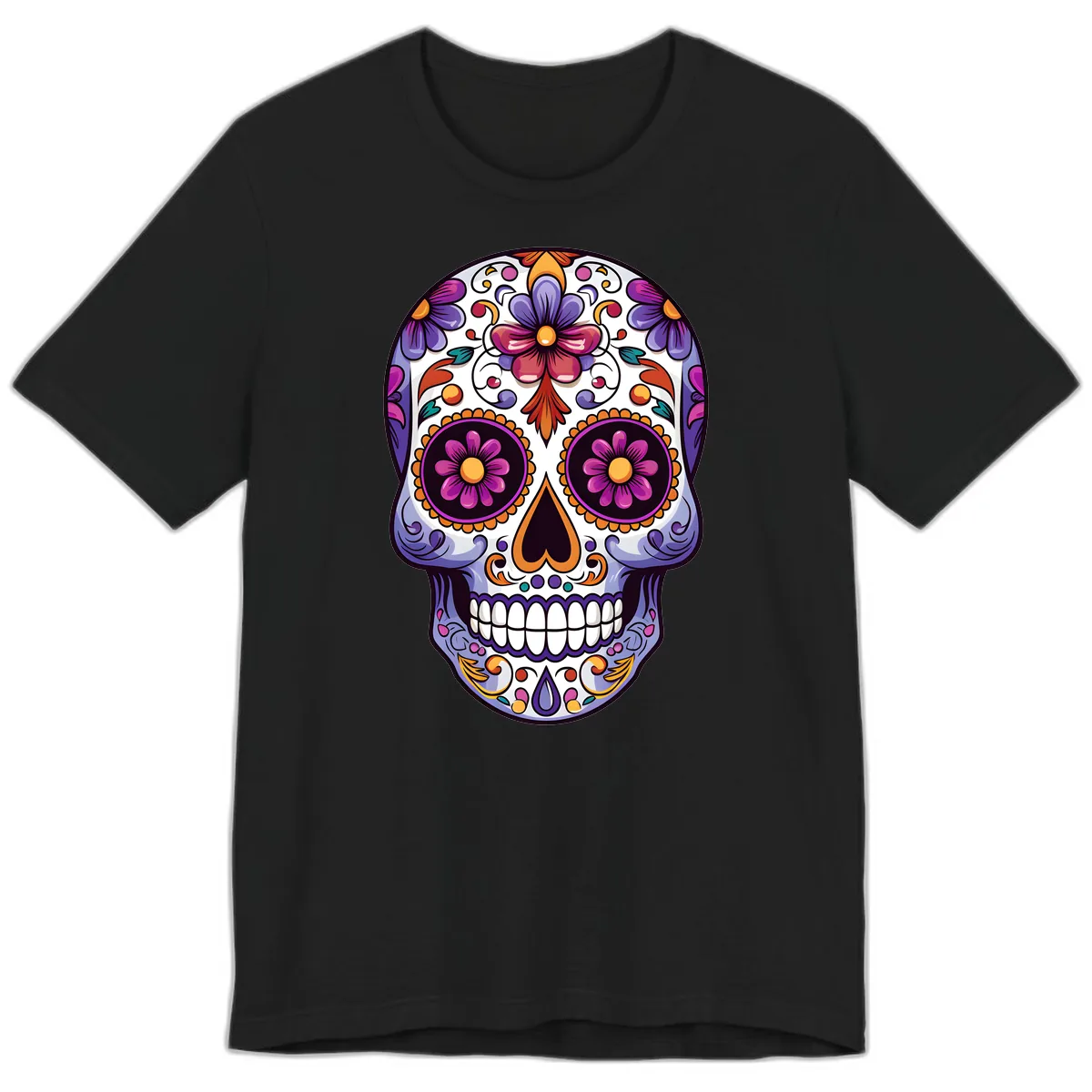 Vibrant Floral Calavera Day of the Dead Design Premium T-Shirt in Black