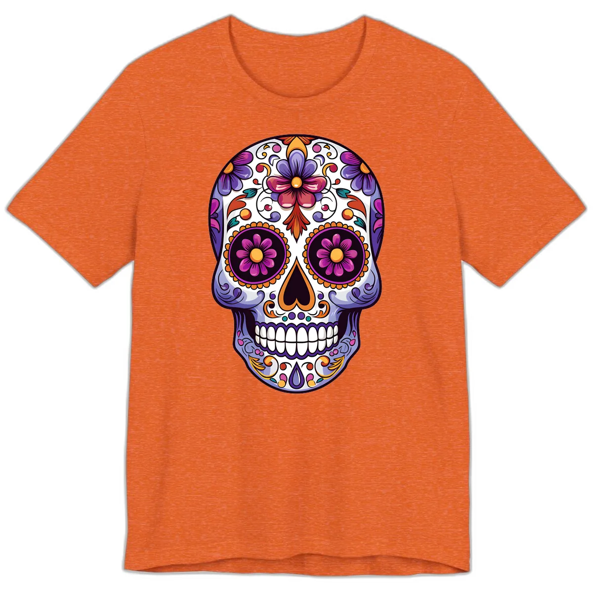 Vibrant Floral Calavera Day of the Dead Design Premium T-Shirt in Heather Orange