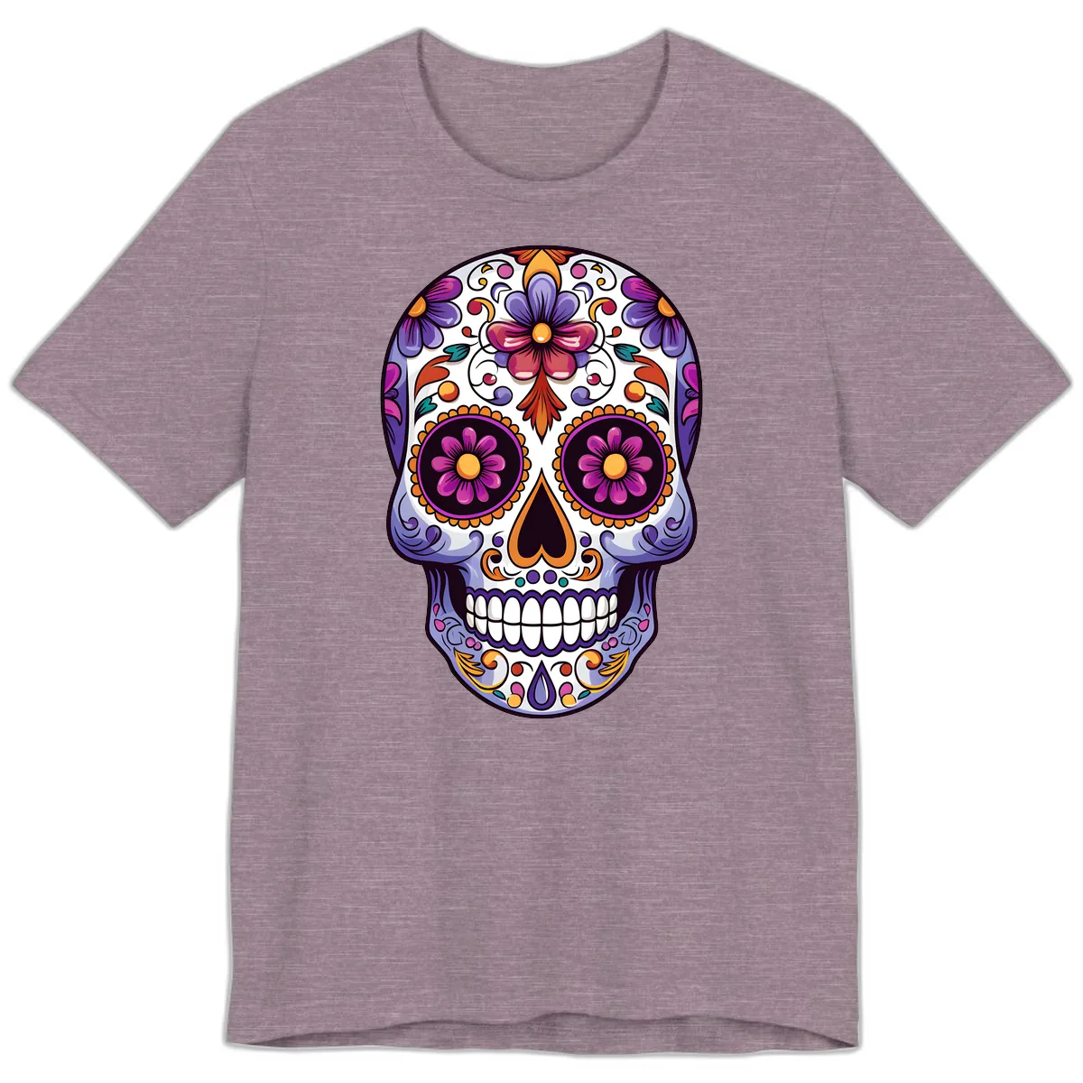 Vibrant Floral Calavera Day of the Dead Design Premium T-Shirt in Heather Purple