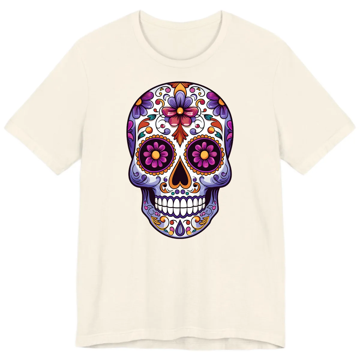 Vibrant Floral Calavera Day of the Dead Design Premium T-Shirt in Natural