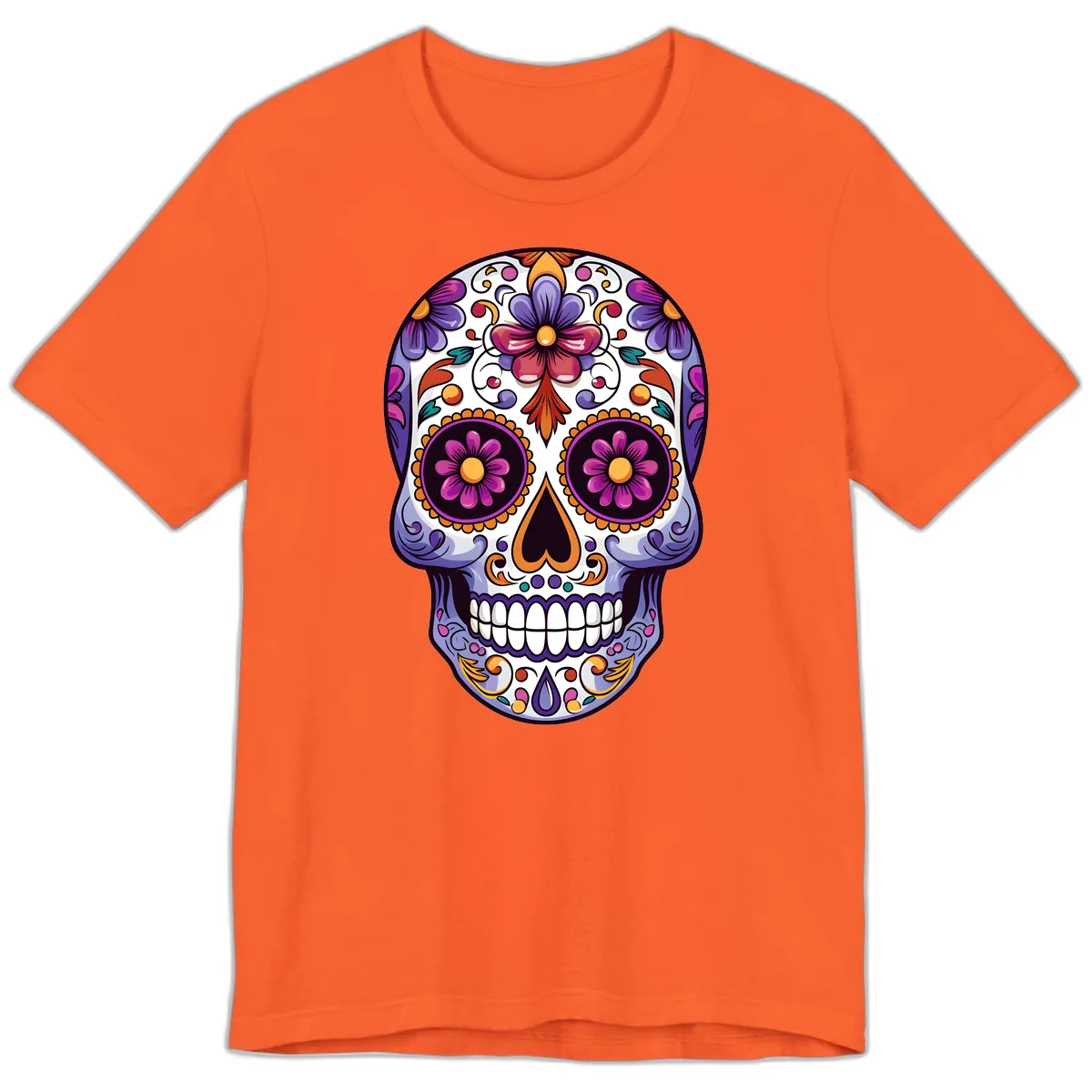 Vibrant Floral Calavera Day of the Dead Design Premium T-Shirt in Orange