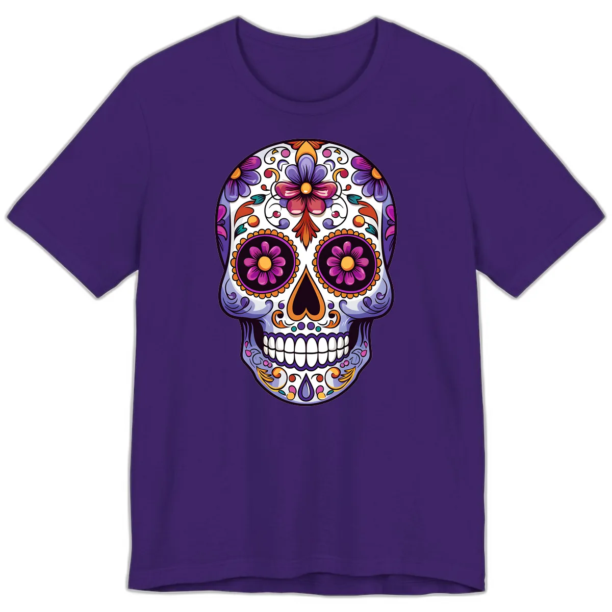 Vibrant Floral Calavera Day of the Dead Design Premium T-Shirt in Team Purple