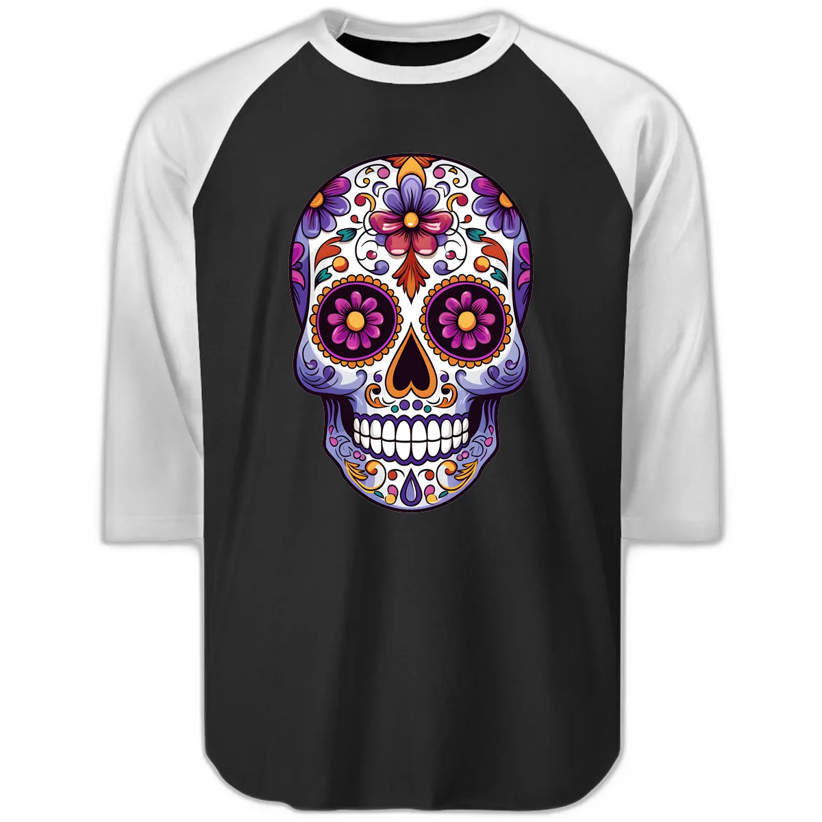 Vibrant Floral Calavera Day of the Dead Design Raglan 3/4 in Black White