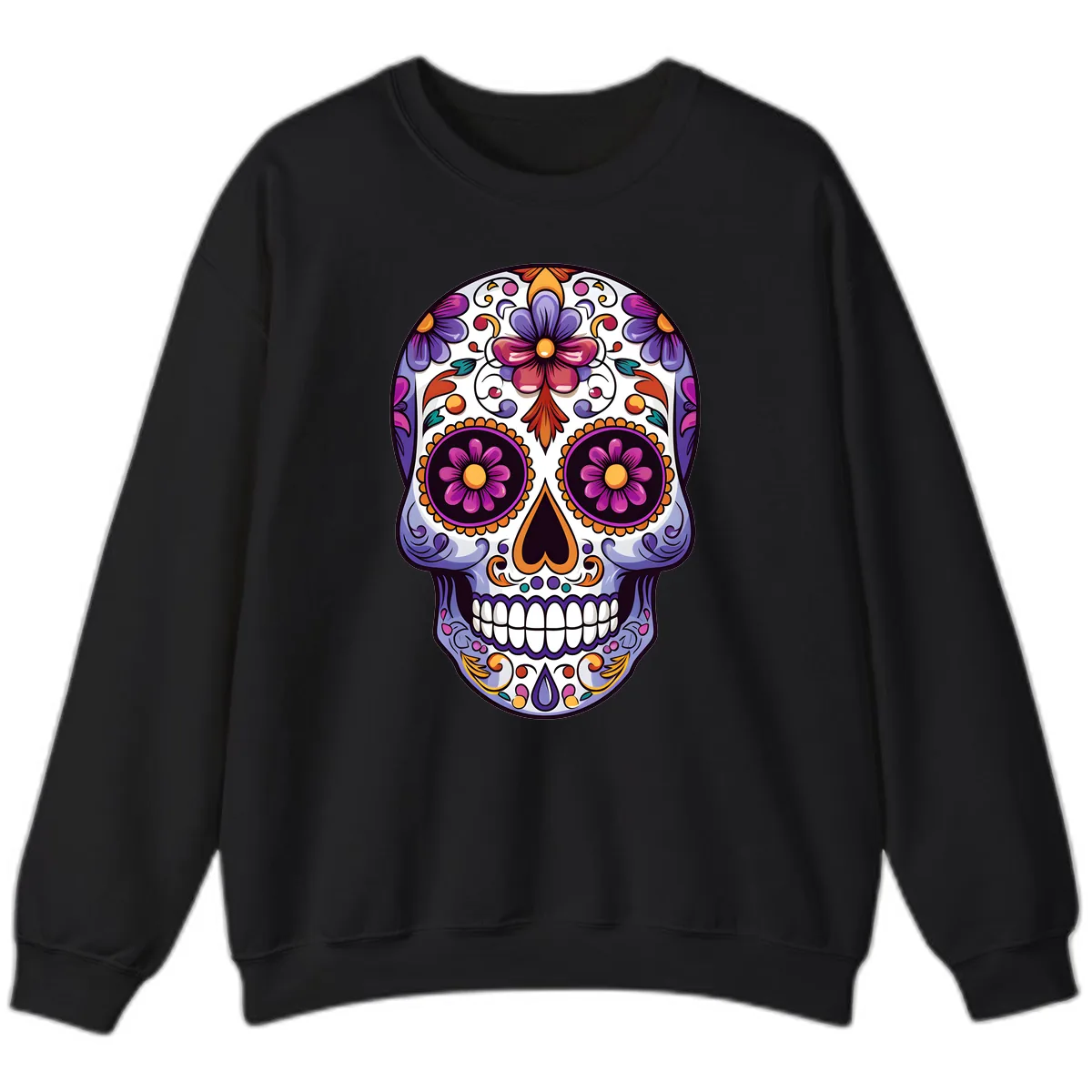 Vibrant Floral Calavera Day of the Dead Design Sweatshirt in Black