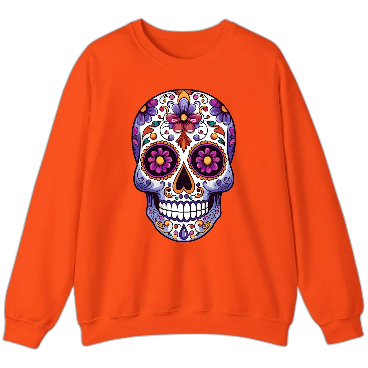 Vibrant Floral Calavera Day of the Dead Design Sweatshirt in Orange