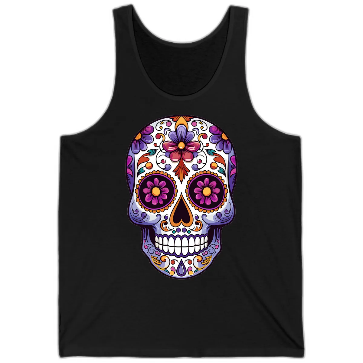 Vibrant Floral Calavera Day of the Dead Design Tank in Black