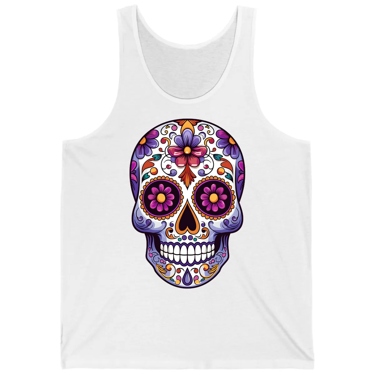 Vibrant Floral Calavera Day of the Dead Design Tank in White