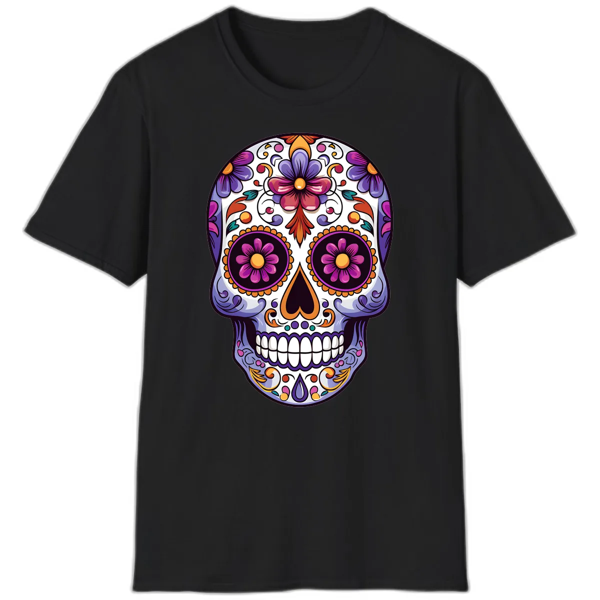 Vibrant Floral Calavera Day of the Dead Design T-Shirt in Black